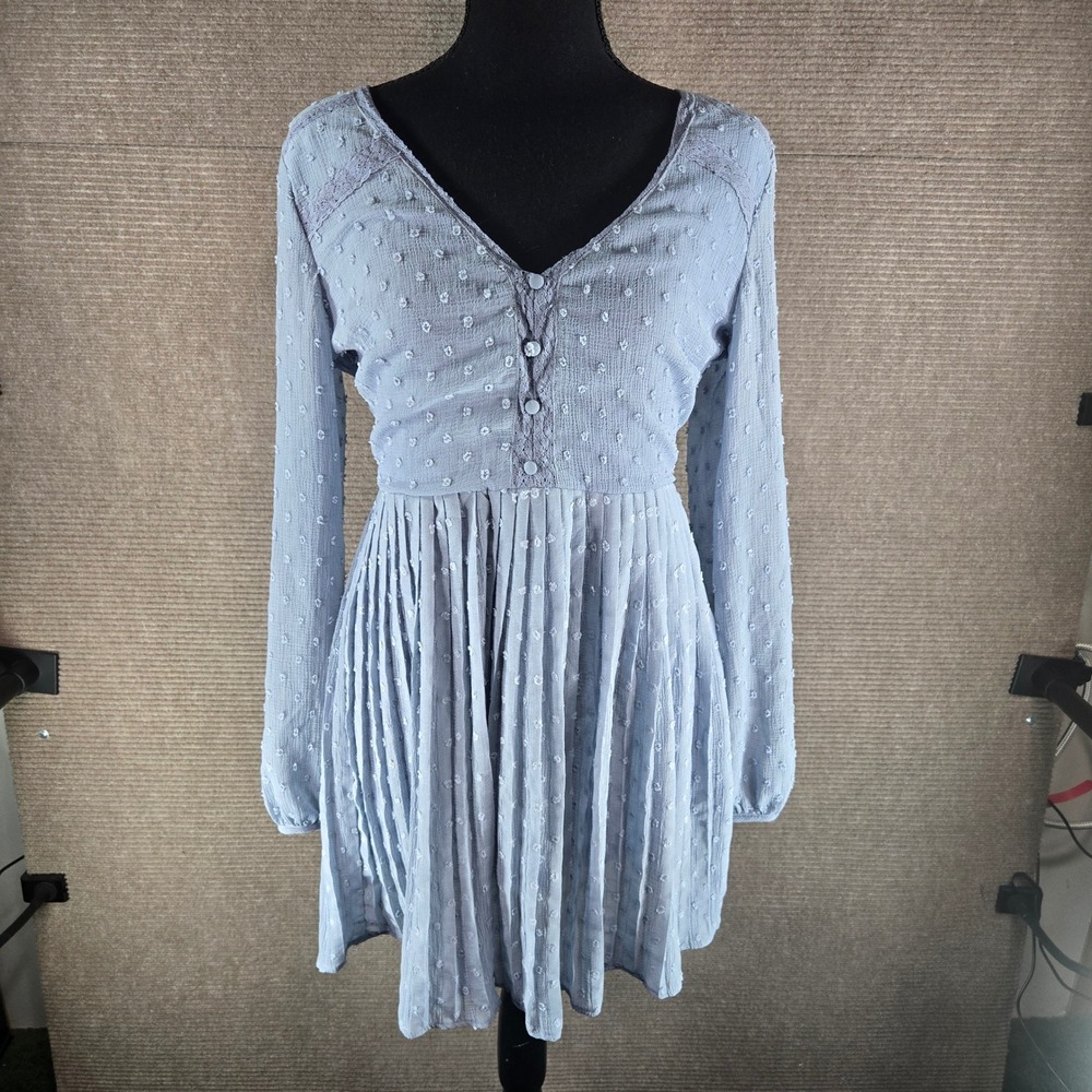 Lulus Womens S Blue Swiss Dot Pleated Long Sleeve Mini Dress
